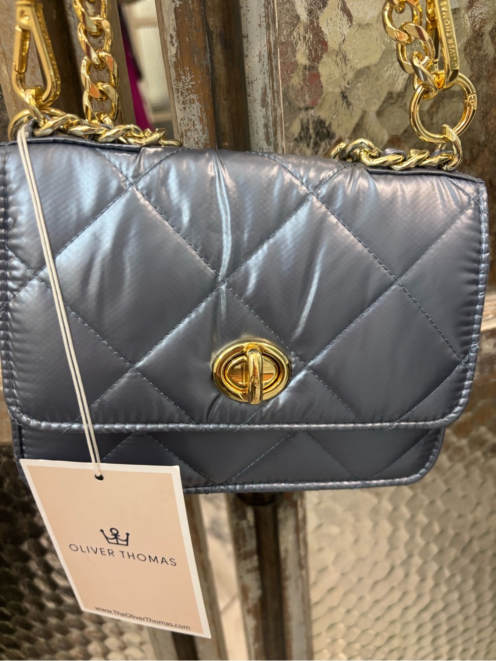 Oliver Thomas Quilted Metallic Silver Crossbody with Gold Chain